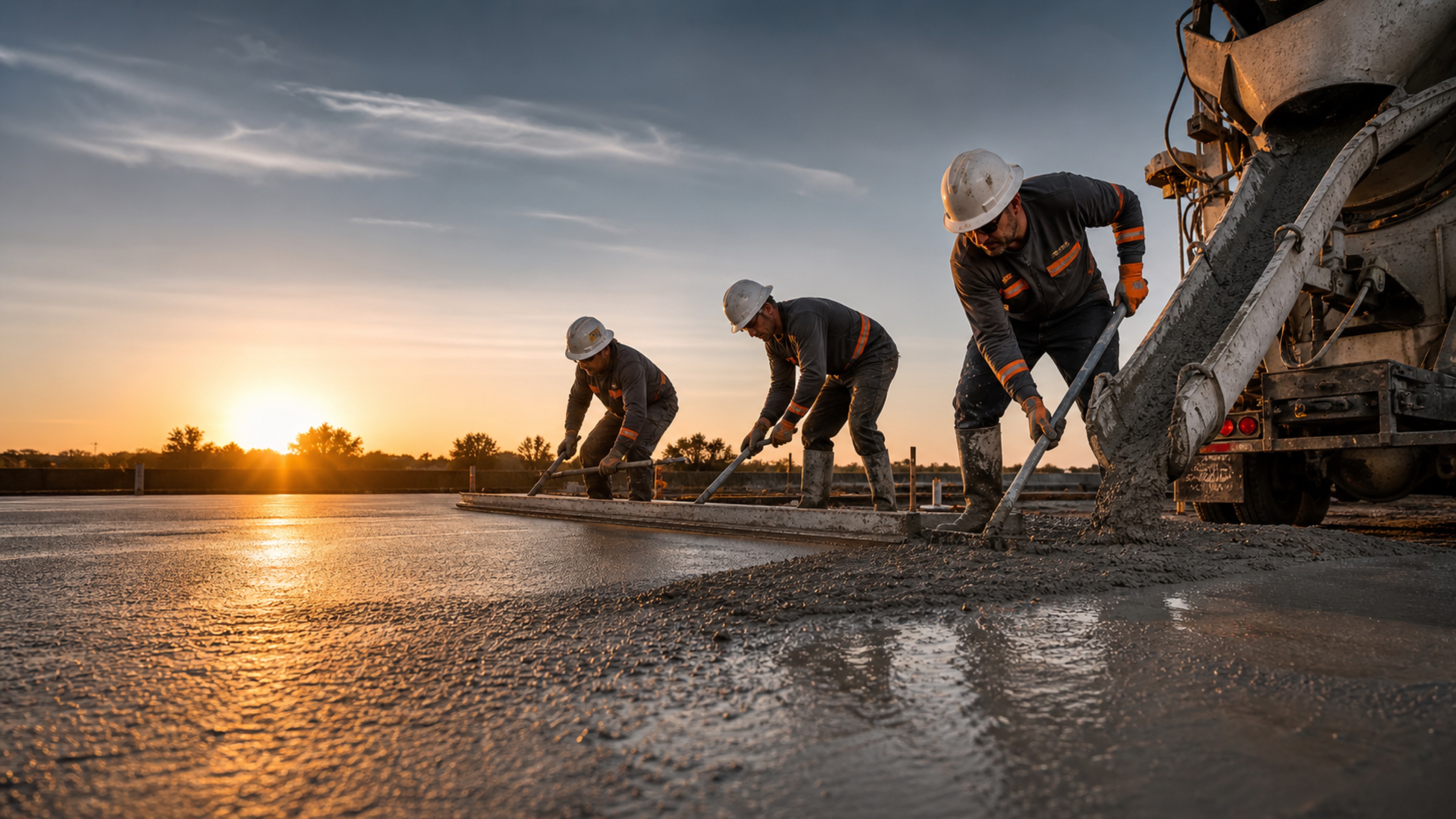Professional concrete crew pouring and finishing a fresh slab at sunrise