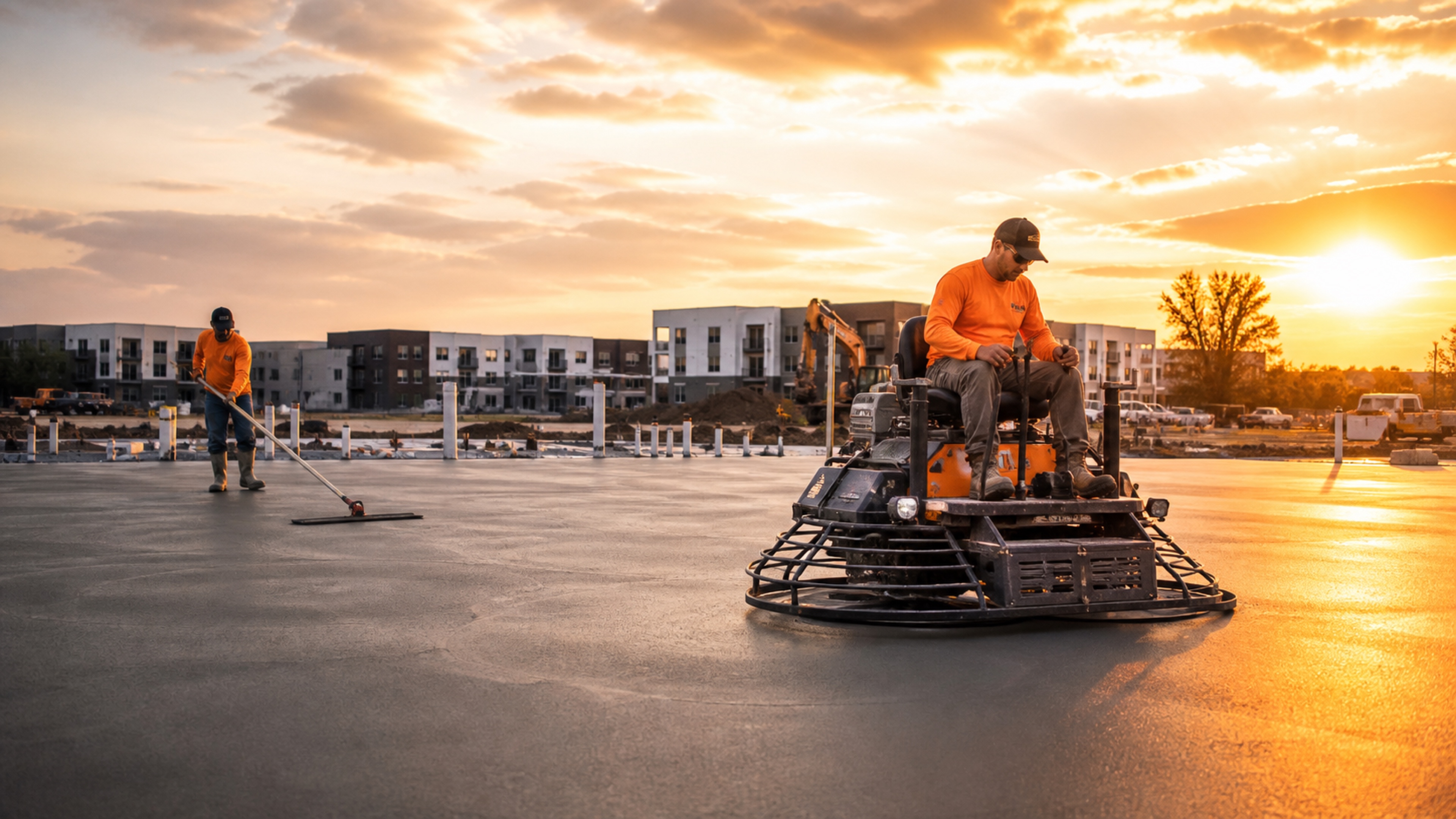 Concrete finishing equipment working across a fresh slab